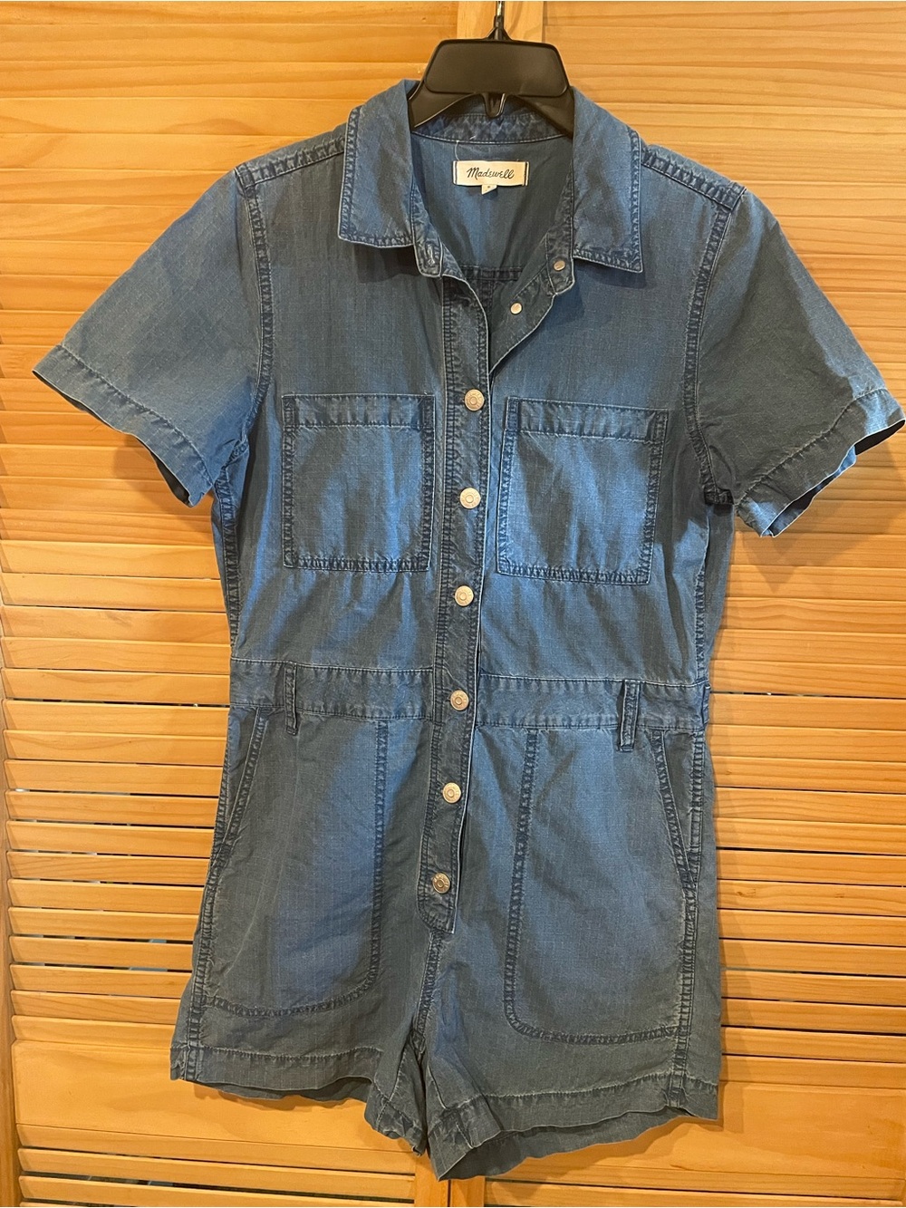 Madewell Chambray Button-Front romper in Medium Blue